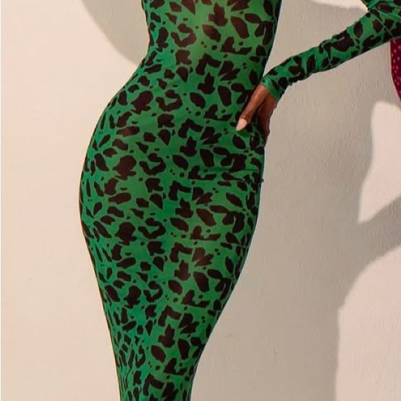Green and Black Patterned Long Sleeve Dress - Picture 2 of 4